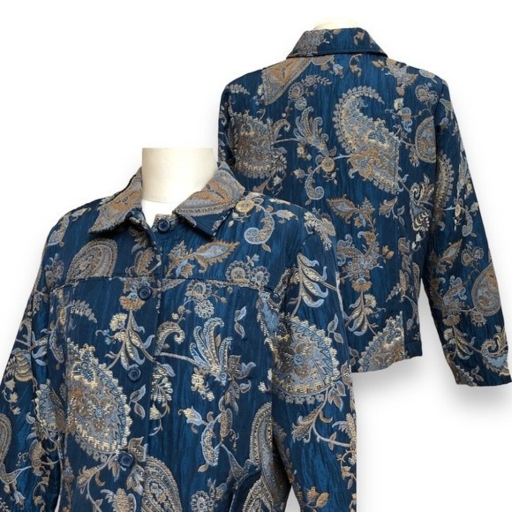 Vintage Jacket Brocade Blazer Womens Large Teal Gold Paisley Floral ELCC